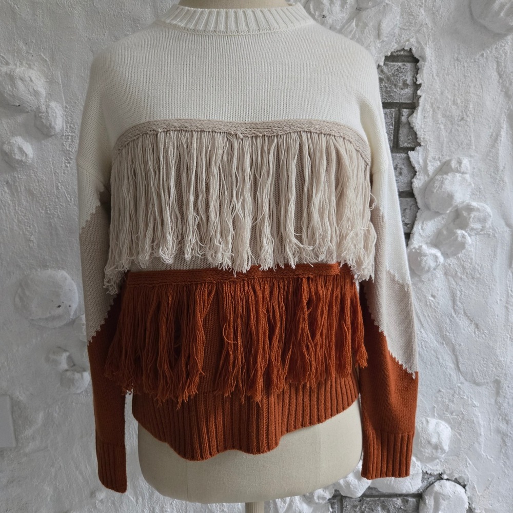 EST. 1946 Womens Colorblock Fringe Sweater Burnt Orange Cream Boho Knit Medium
